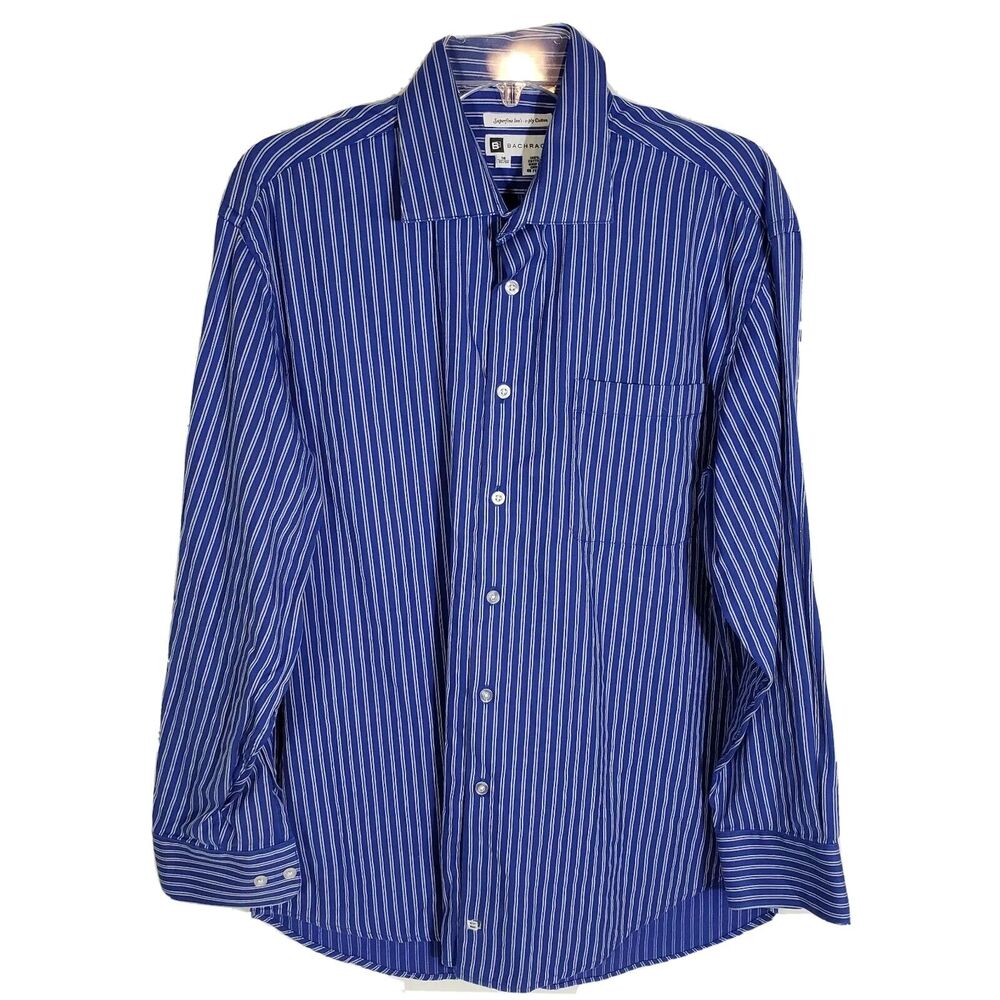 BACHRACH Men's Shirt 100's 2-Ply Cotton Striped Blue Button Front Size 16 32/33